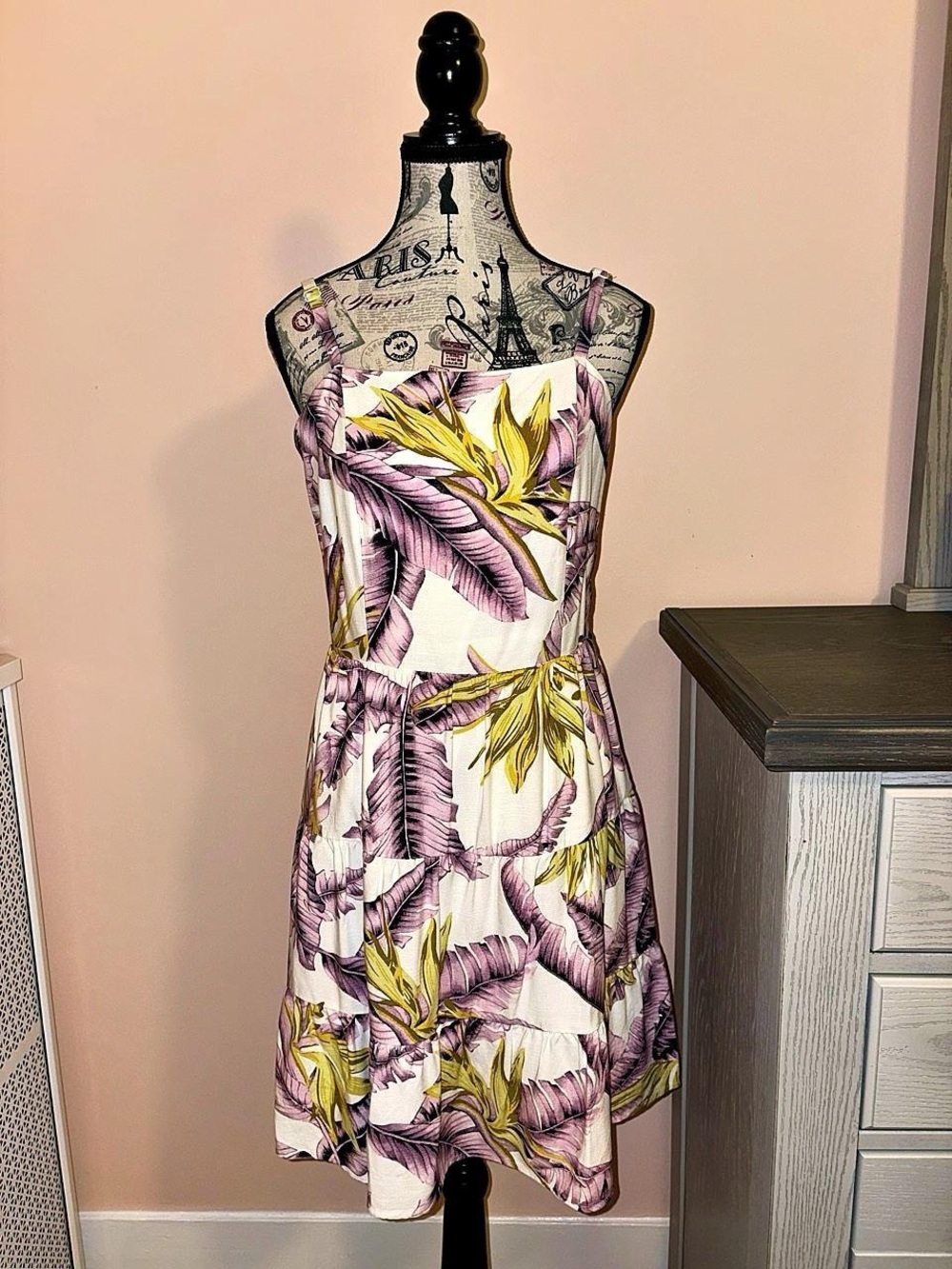 LOFT White Tropical Leaf Mini Dress with Pink & Yellow Leaves